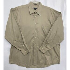 Paul Dione Mens 18 34/35 Khaki 100% Cotton 2 Ply Dress Shirt Button Front